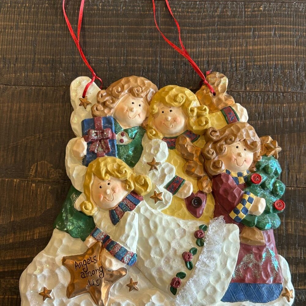 Vintage Hand-Painted Angels Christmas Wall Plaque With Red Ribbon Hanger